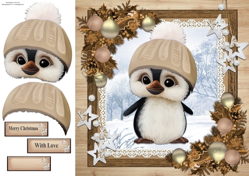 Gorgeous Penguin With Bobble Hat In Wooden Frame 8x8