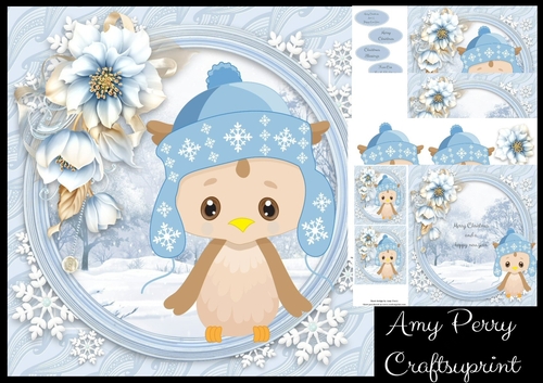 Gorgeous Owl In Winter Hat With Blue Flowers 8x8 Mini Kit