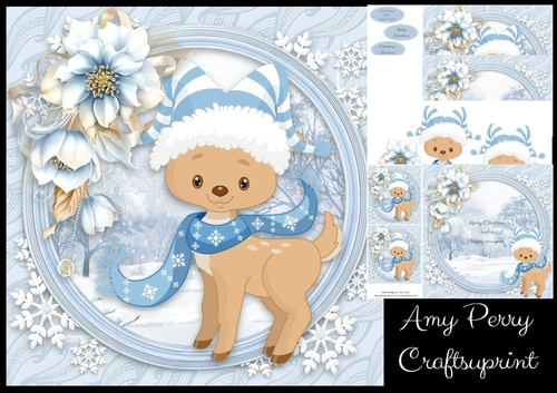 Gorgeous Reindeer In Winter Hat With Blue Flowers 8x8 Mini Kit