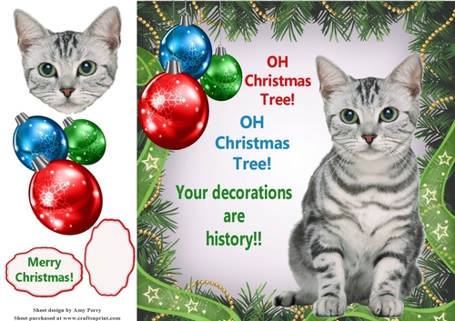 Oh Christmas Tree Humor Grey Cat 8x8