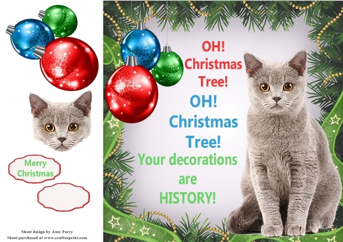 Oh Christmas Tree Humor Grey Cat 8x8