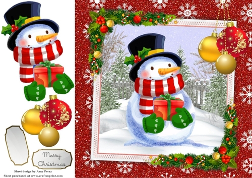 Cute Painted Snowman With Baubles 8x8