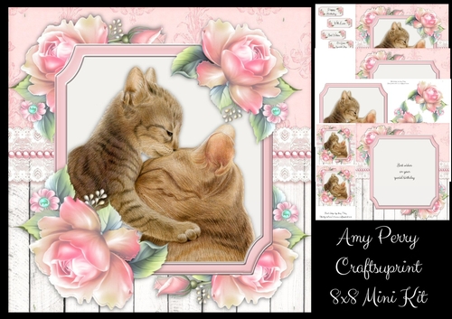 Beautiful Painted Cats With Pink Roses 8x8 Mini Kit