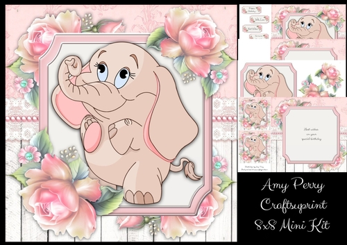 Gorgeous Elephant  With Pink Roses 8x8 Mini Kit