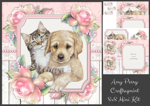 Beautiful Cat & Dog With Pink Roses 8x8 Mini Kit