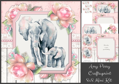 Beautiful Mum & Baby Elephants With Pink Roses 8x8 Mini Kit