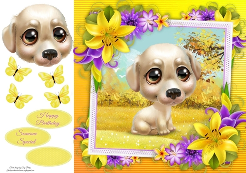 Cute White Dog With Yellow corner lily 8x8
