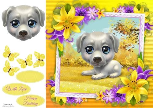 Cute Grey Dog With Yellow corner lily 8x8
