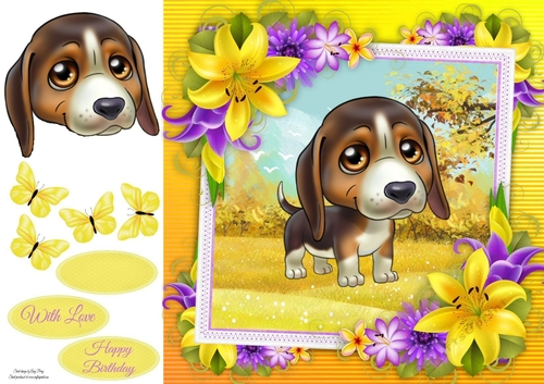 Cute Beagle With Yellow corner lily 8x8