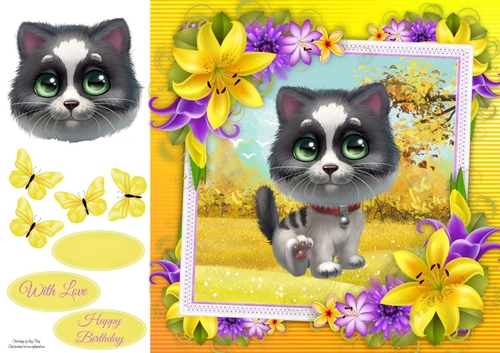 Cute Grey & White Cat With Yellow corner lily 8x8