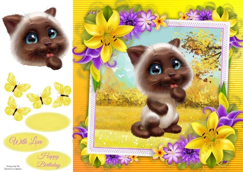 Cute Siamese Cat With Yellow corner lily 8x8