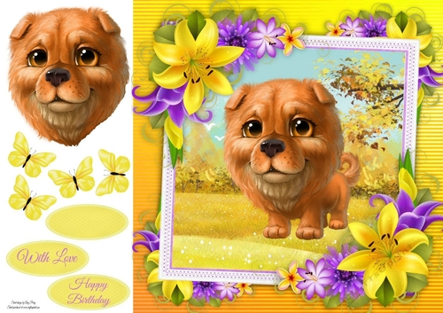 Cute Brown Fluffy Dog With Yellow corner lily 8x8