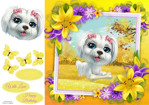 Cute White Fluffy Dog With Yellow corner lily 8x8