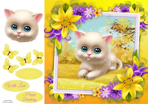 Cute White Cat With Yellow corner lily 8x8