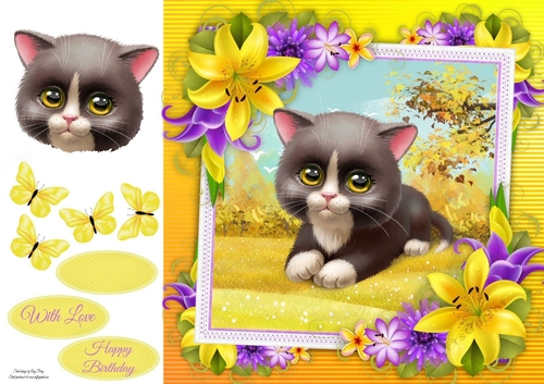Cute Black Cat With Yellow corner lily 8x8
