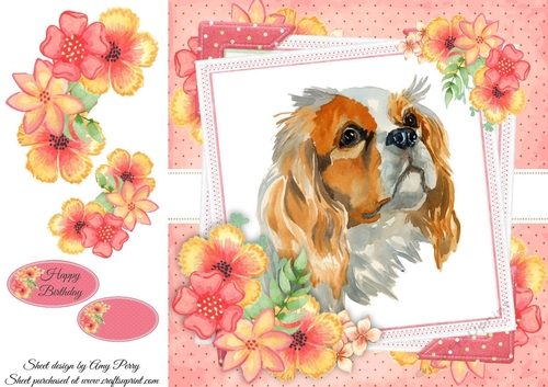 Adorable Cavalier With Corner Flowers 8x8