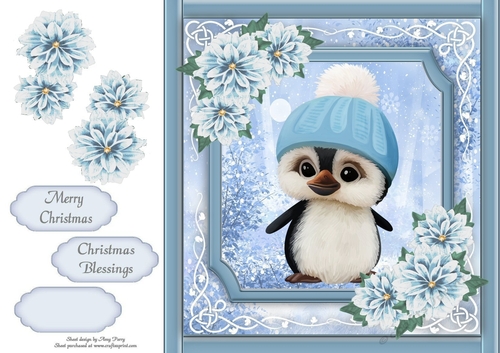 Gorgeous Penguin In a bobble hat With Blue Festive Flowers 8x8