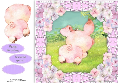 Gorgeous Laying down pig with hydrangea flowers 8x8