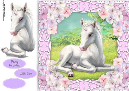 Gorgeous Unicorn laying down with hydrangea flowers 8x8