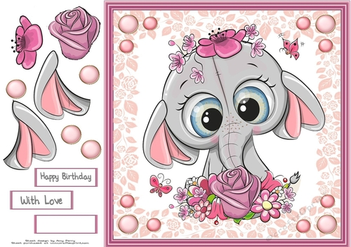 Gorgeous Pink Elephant with flowers 8x8