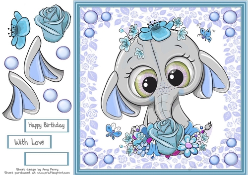 Gorgeous Blue  Elephant with flowers 8x8