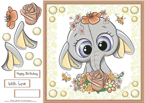 Gorgeous Orange  Elephant with flowers 8x8