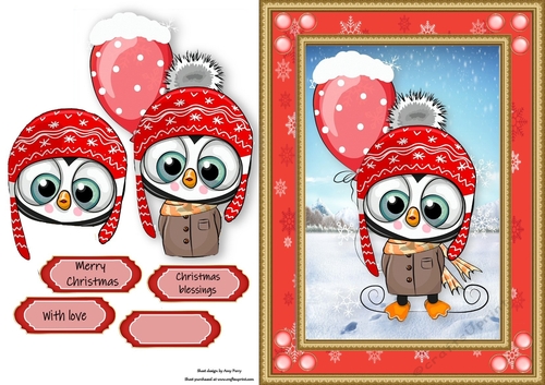 Gorgeous Penguin With Balloon In Red Snowflake Frame