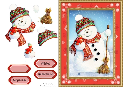 Gorgeous Snowman With Bird In Red Snowflake Frame