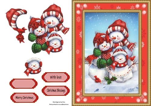 Gorgeous Snowman Family In Red Snowflake Frame