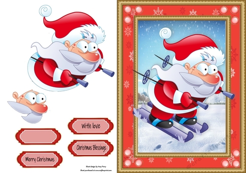 Gorgeous Skiing Santa In Red Snowflake Frame