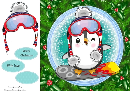 Gorgeous Penguin On A Snowboard In Holly Frame 8x8