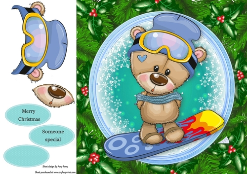 Gorgeous Brown Bear On A Snowboard In Holly Frame 8x8