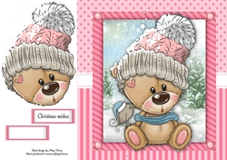 Festive brown bear in pink bobble hat 8x8