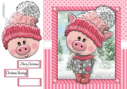 Festive Pig in pink bobble hat 8x8