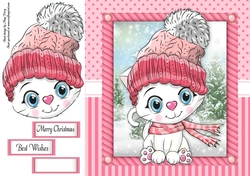 Festive White kitten in pink bobble hat 8x8