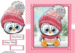 Festive penguin in pink bobble hat 8x8