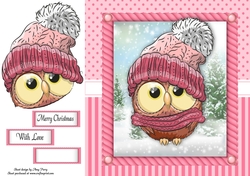 Festive brown owl in pink bobble hat 8x8