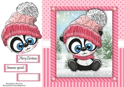 Festive panda in pink bobble hat 8x8