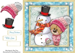 Cute Brown Bear In Pink Bobble Hat With Snowman 8x8