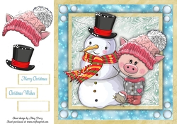 Cute Pig In Pink Bobble Hat With Snowman 8x8