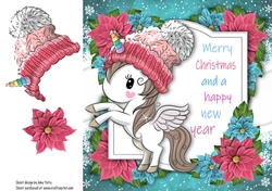Merry Christmas Unicorn With Pink Bobble Hat 8x8