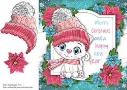 Merry Christmas White Cat With Pink Bobble Hat 8x8