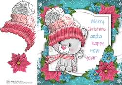 Merry Christmas Grey Cat With Pink Bobble Hat 8x8