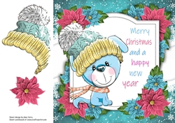 Merry Christmas Blue Dog With Pink Bobble Hat 8x8