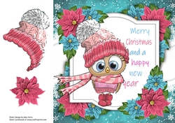Merry Christmas Owl With Pink Bobble Hat 8x8