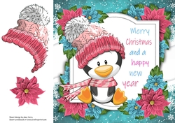 Merry Christmas Penguin With Pink Bobble Hat 8x8