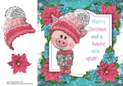 Merry Christmas Pig With Pink Bobble Hat 8x8