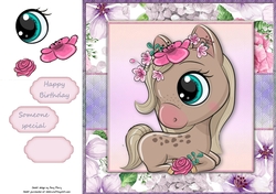 Beautiful Brown Pony With Pink & Purple Flowers 8x8