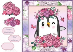 Beautiful Black & White Penguin With Pink & Purple Flowers 8x8