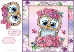 Beautiful Brown Owl With Pink & Purple Flowers 8x8